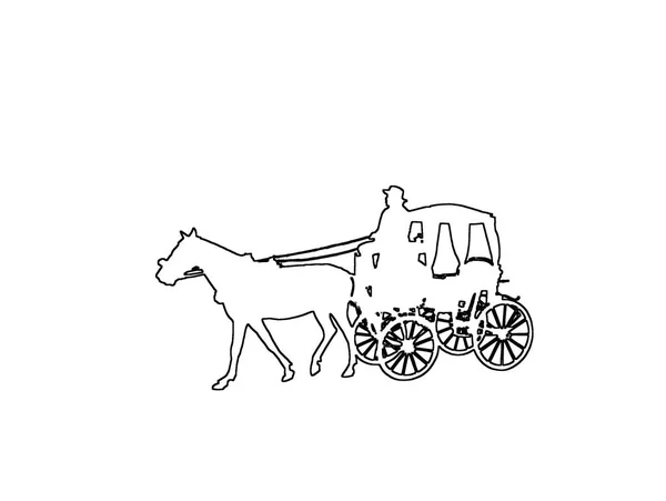 Silhuetas Cavalo Antiquado Carruagem Contornos Pretos Sobre Fundo Abstrato Branco — Fotografia de Stock