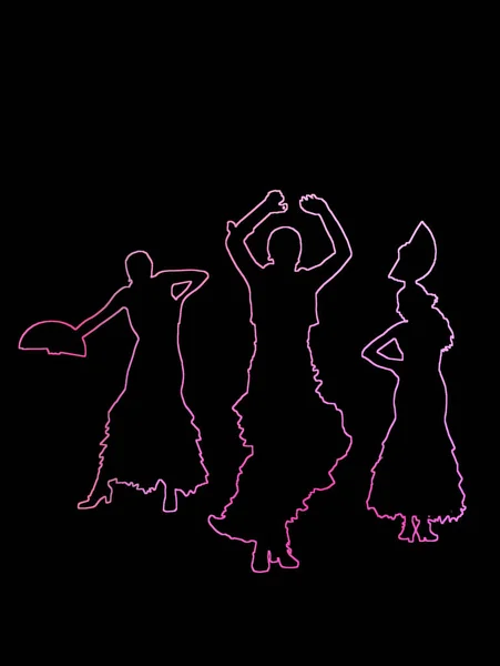 Silhouettes Trois Danseuses Flamenco Contours Roses Sur Fond Abstrait Noir — Photo