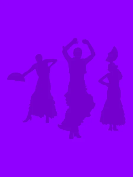 Silhouetten Von Drei Weiblichen Flamencotänzerinnen Auf Ultraviolettem Violettem Hintergrund — Stockfoto