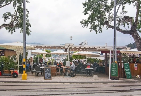 Puerto Soller Mallorca Espanha Maio 2018 Restaurante Trilhas Barcos Marina — Fotografia de Stock