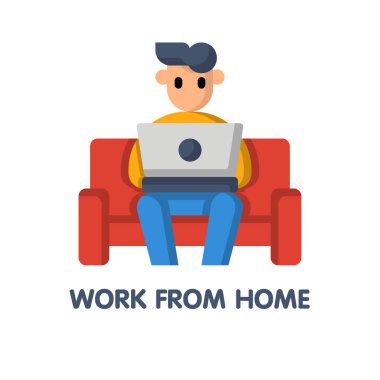 Erkek, beyaz arka planda kanepe düz ikon tasarım illüstrasyonunda evden çalışır.