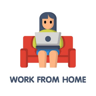 Beyaz arka planda kanepe yassı ikon tasarım çizimi üzerinde evden çalış.