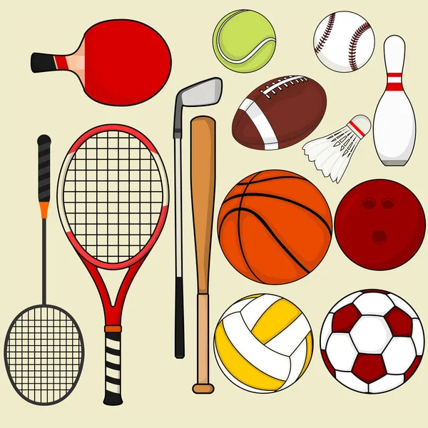 Набор разноцветных спортивных мячей и игровых предметов — стоковый вектор