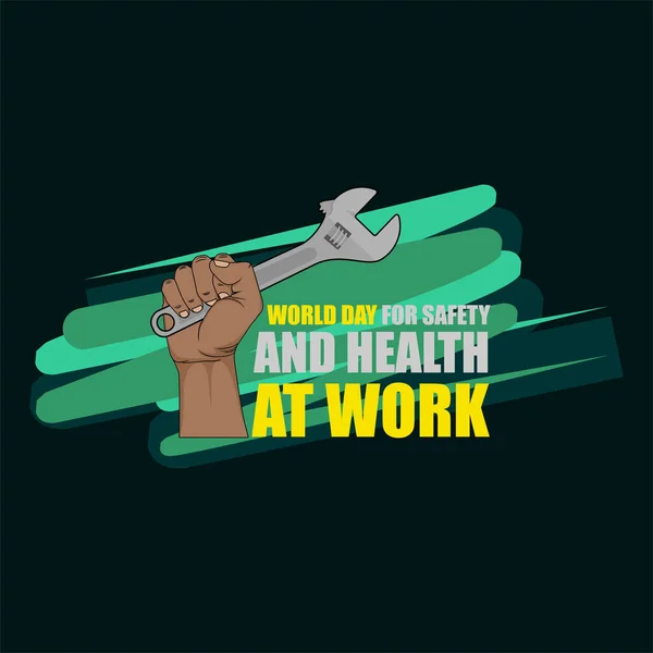 World day for safety and health at work vector illustration with adjustable wrench on hand design