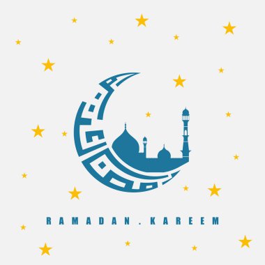 Şablon için cami silueti tasarım vektörü İllüstrasyonu ile Ramazan Kareem için Ay Tipografisi