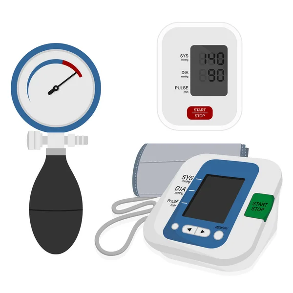 Set Object Blood Pressure Monitor Medical Exam Vector Illustration — Stock Vector