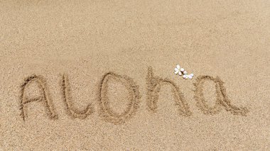 Aloha, geleneksel Hawaii selamlaması, Hawaii sahilinin kumlarında yazılı, geleneksel bir Frangipani çiçeğiyle