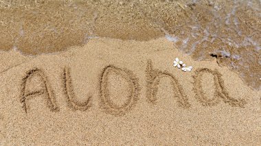 Aloha, geleneksel Hawaii selamlaması, Hawaii sahilinin kumlarında yazılı, geleneksel bir Frangipani çiçeği ve suyun metni çerçevelediği