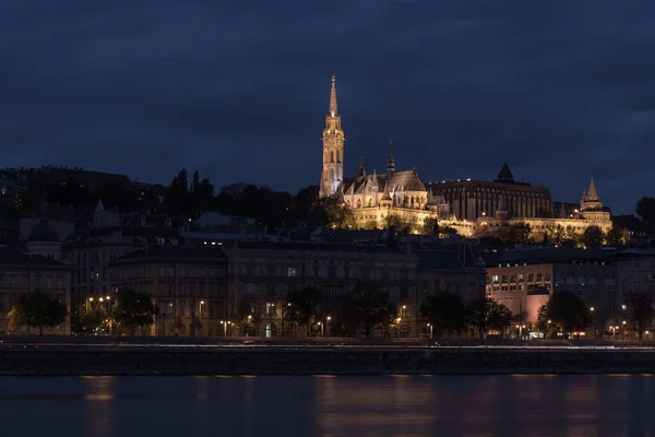 Fisherman Bastion Budapest Hungary Illuminated Night Viewed River Danube — Stock Photo, Image