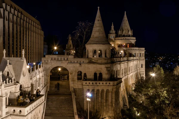 Halászbástya Budapest Magyarország Világít Éjszaka — Stock Fotó