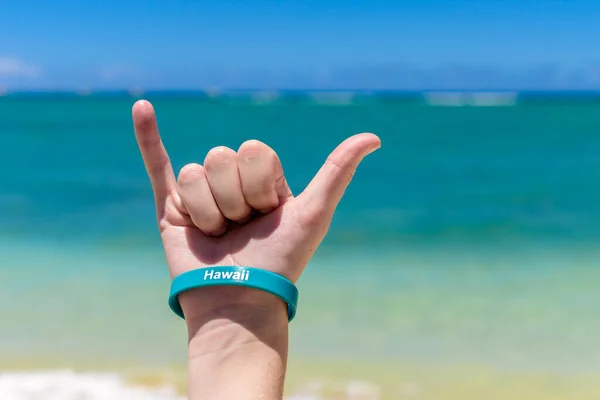 Hawaii Shaka tabelası. Arkaplanda tropikal deniz ve mavi gökyüzü olan gevşek tabela asın..