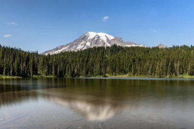Washington Eyaleti, Rainier Dağı ulusal parktaki yansıma havuzlarına yansıdı. Yazın ortasındayız ve gökyüzü açık mavi.