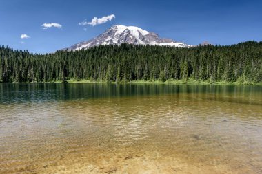 Washington Eyaleti, Rainier Dağı ulusal parktaki yansıma havuzlarına yansıdı. Yazın ortasındayız ve gökyüzü açık mavi.