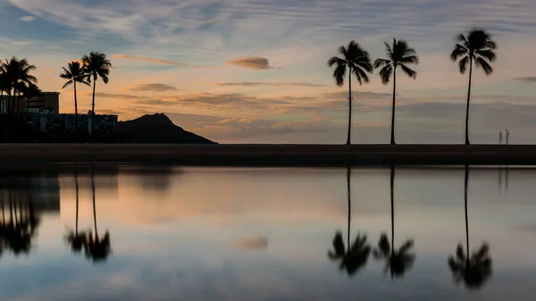 Reflexão Silhuetas Palmeiras Vulcão Diamond Head Waikiki Beach Havaí Nascer — Fotografia de Stock