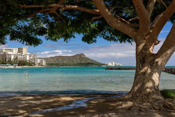 Waikiki Plajının Uzak Ucundaki Elmas Kafa Honolulu Hawaii Manzarası Manzara — Stok fotoğraf