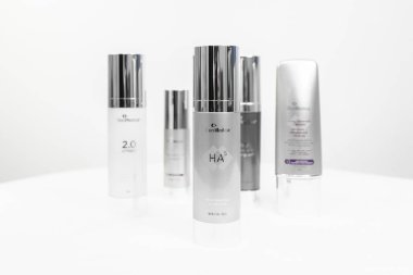 Surrey, BC / Canada - 07/16/19: Collection of high end skincare brand SkinMedica products. Features HA5 hyaluronic acid complex for anti-aging wrinkles on face, and other luxury products behind it.