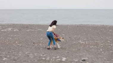 Güzel beyaz kız deniz kıyısında sevimli bir köpekle yürüyor.