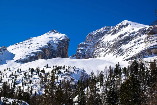 Sníh Mezi Vrcholky Dolomitů Modrou Oblohou Zelenými Borovými Lesy Dobbiacu — Stock fotografie