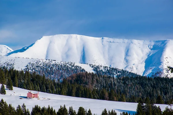 Arkadaki pembe kulübe Larici 'deki Portekiz Dağı' nın zirvesi karla kaplıydı. İtalya, Vicenza 'daki Asiago Platosu' nda rüzgâr vardı.