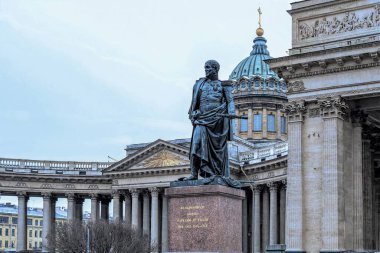 St. Petersburg, Russia, February 2020. Angels of St. Isaac`s Cathedral and a view of the city.