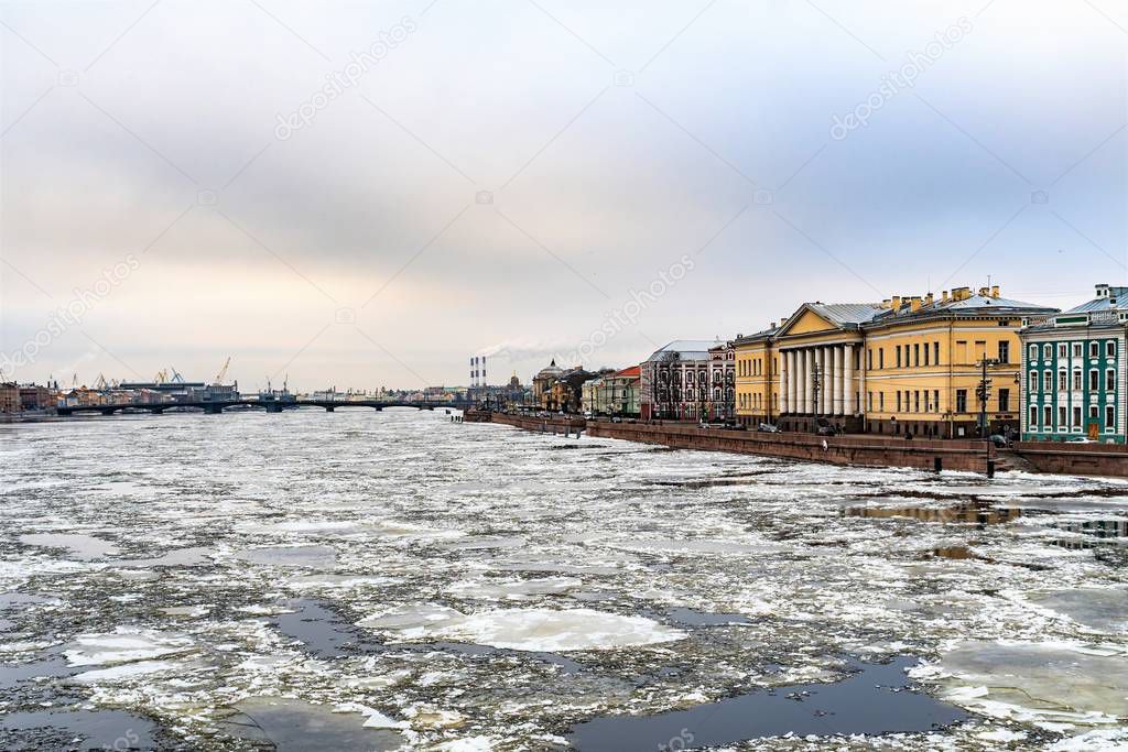 St. Petersburg, Russia, February 2020. Winter Neva River and view of the embankment.