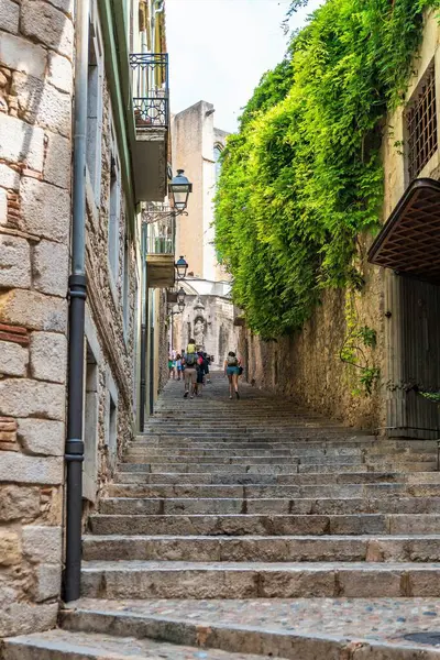 Girona Hiszpania Sierpień 2018 Średniowieczne Kamienne Schody Jako Ulica Miasta — Zdjęcie stockowe