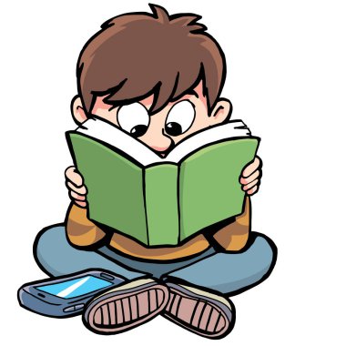 Çocuk kitap okuyor ve cep telefonu kullanmıyor.