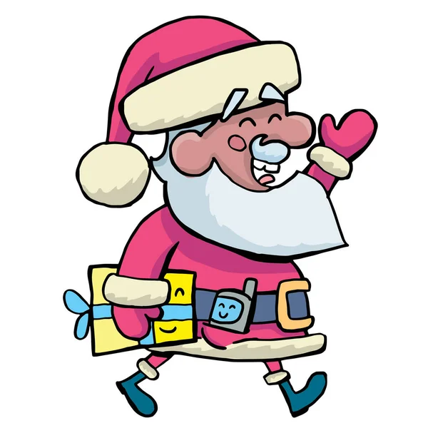 Colorato Babbo Natale Con Scatola Presente Piccolo Telefono Cellulare Fretta — Vettoriale Stock
