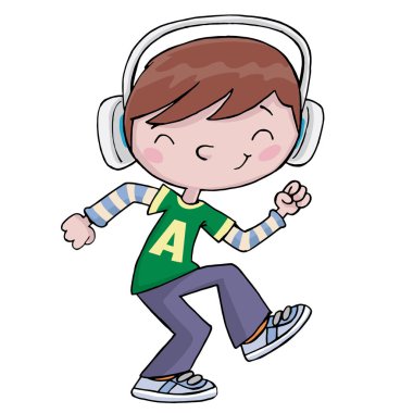 Kulaklıklı çocuk neşeyle dans ediyor ve müzik dinliyor.