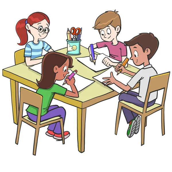 Equipo Niños Dibujando Escribiendo Clase Escuela — Vector de stock