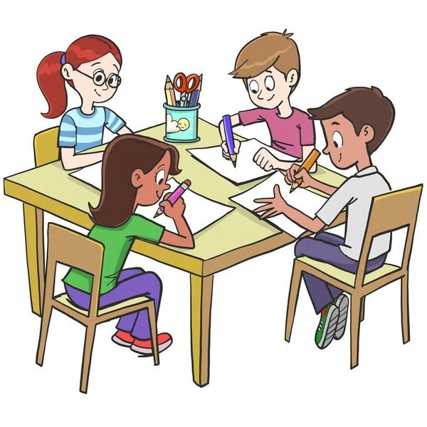 Squadra Bambini Disegno Scrittura Classe Scuola — Vettoriale Stock