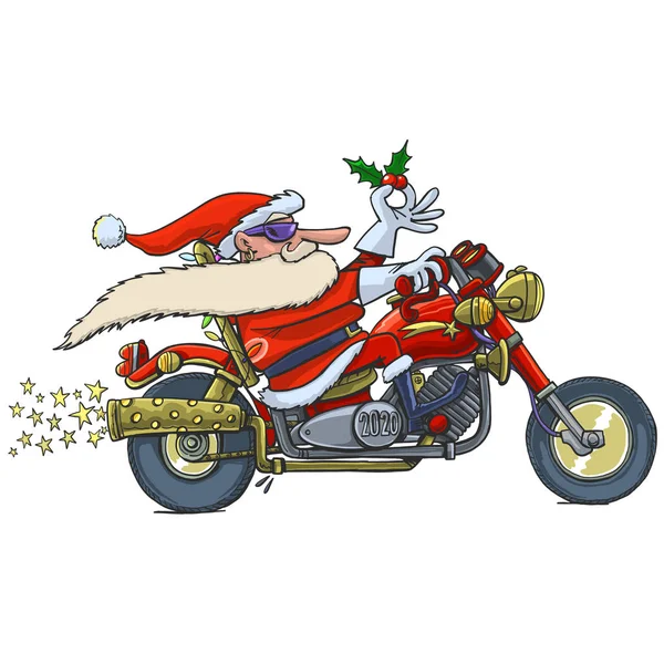 Babbo Natale Cavalcare Moto Detiene Dono Pianta Vischio — Vettoriale Stock