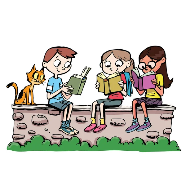 Bir grup çocuk küçük bir duvarda kitap okuyor.