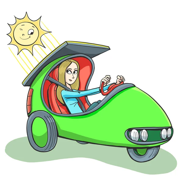 Fille Conduit Une Voiture Solaire — Image vectorielle