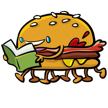 Kitap okuyan bacaklı bir hamburger.