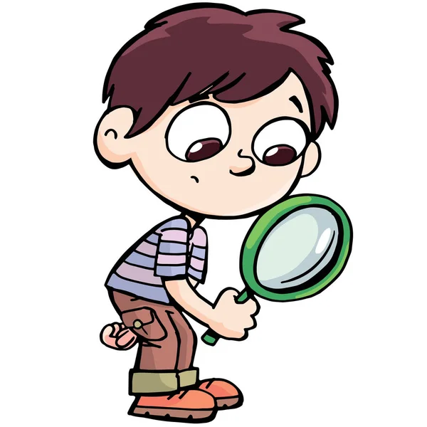 Boy Explorer Looks Magnifier Suspicion Interrogates — 스톡 벡터