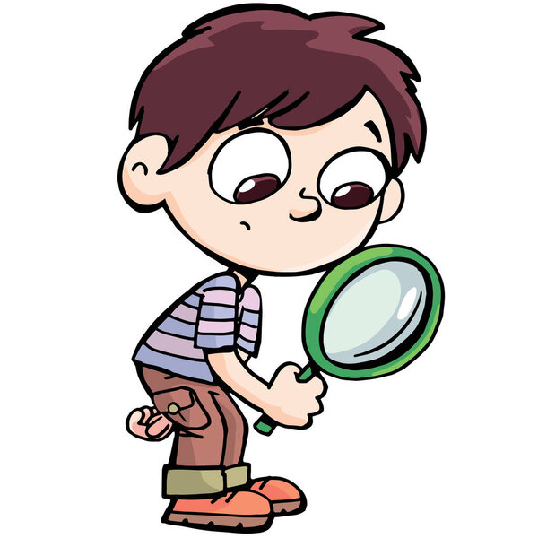 boy explorer looks through the magnifier with suspicion and interrogates