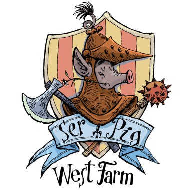 Knight of pigs in armour in front of a medieval shield