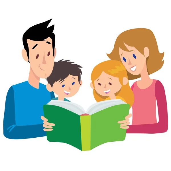 Familia Feliz Disfruta Leyendo Libro Verde — Archivo Imágenes Vectoriales