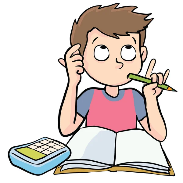 Çocuk bir matematik ödevini düşünür ve çözer.