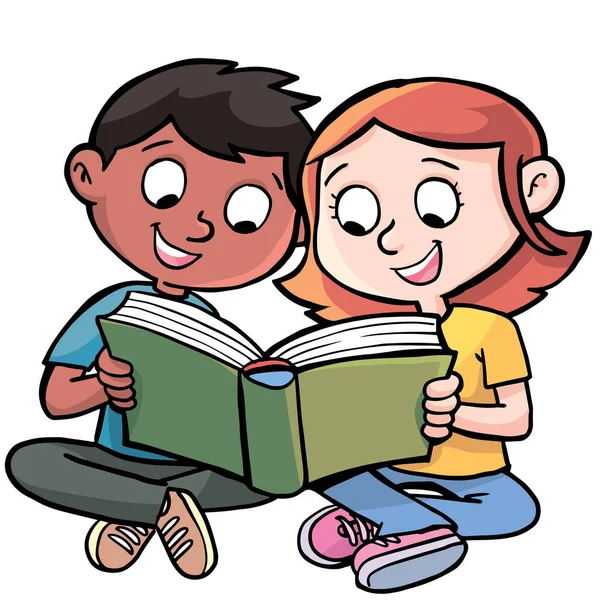 Deux Enfants Garçons Filles Lisant Des Livres Amusant Apprendre — Image vectorielle