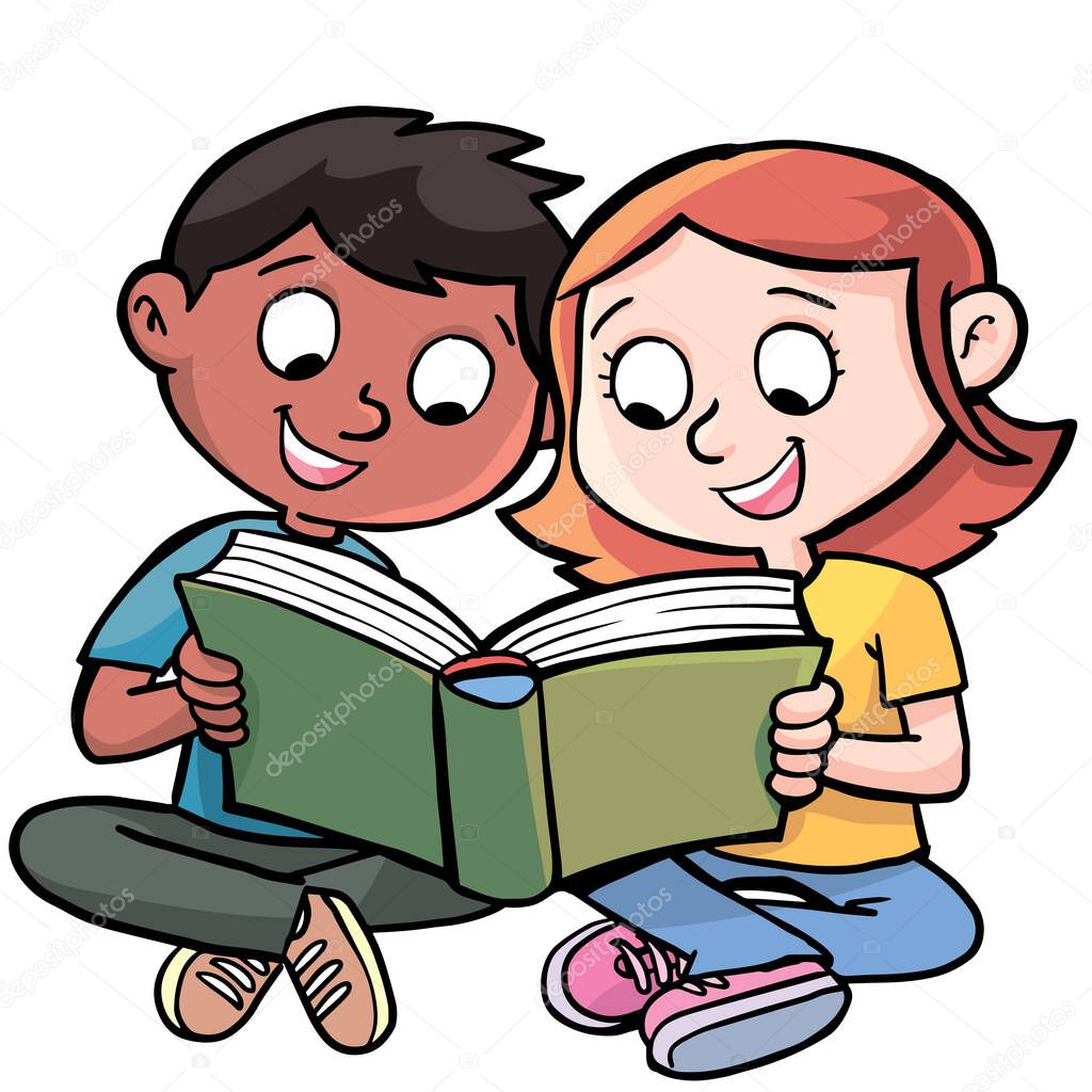 Two kids boy and girl reading books and having fun learning