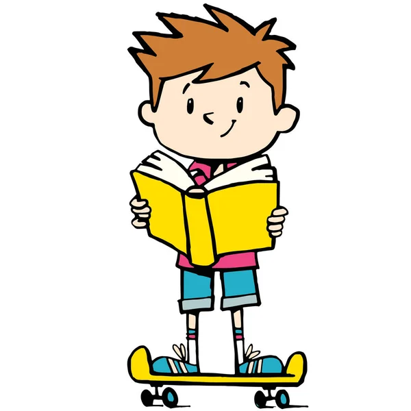 Junge Liest Buch Und Fährt Skateboard — Stockvektor