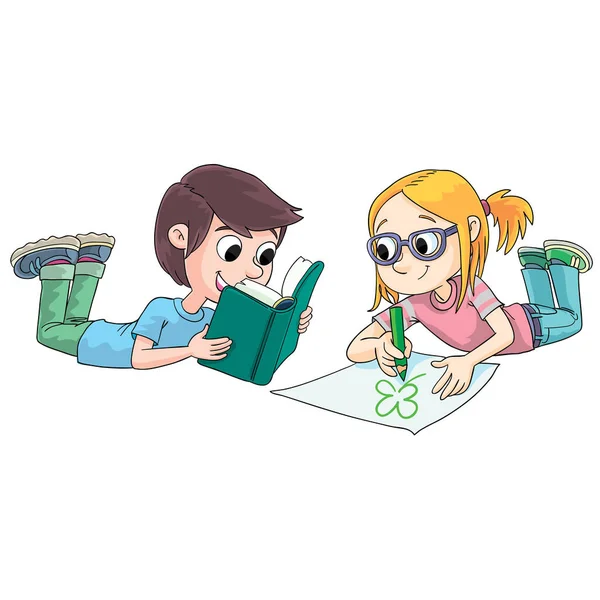 男孩和女孩躺在地板上 一边看书 一边画画 — 图库矢量图片