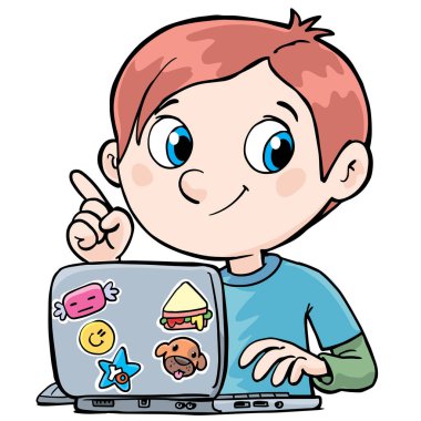 Çocuk dizüstü bilgisayarın önünde oturur ve uzaktan öğrenme öğretir.