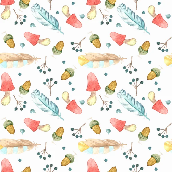 Forest Seamless Pattern Acorns Mushrooms Berries Feathers Hand Drawn Background — Stock Photo, Image