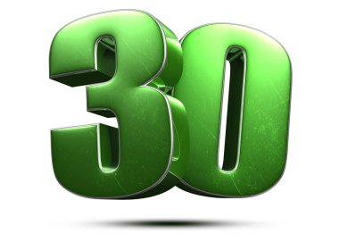Beyaz arka planda 30 3D numara yeşil. (Kırpma Yolu ile).