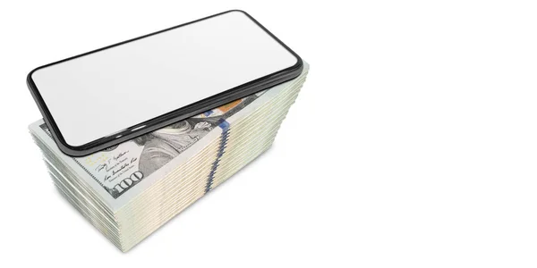 Un telefono nero posto su una banconota da un dollaro illustrazione 3d su whi — Foto Stock