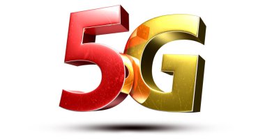 Beyaz arka planda izole edilmiş 3D illüstrasyon 5g kırmızı altın. (Kırpma Yolu ile).