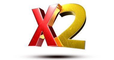 3D illüstrasyon X2 kırmızı altın beyaz zemin üzerinde izole. (Kırpma Yolu ile).